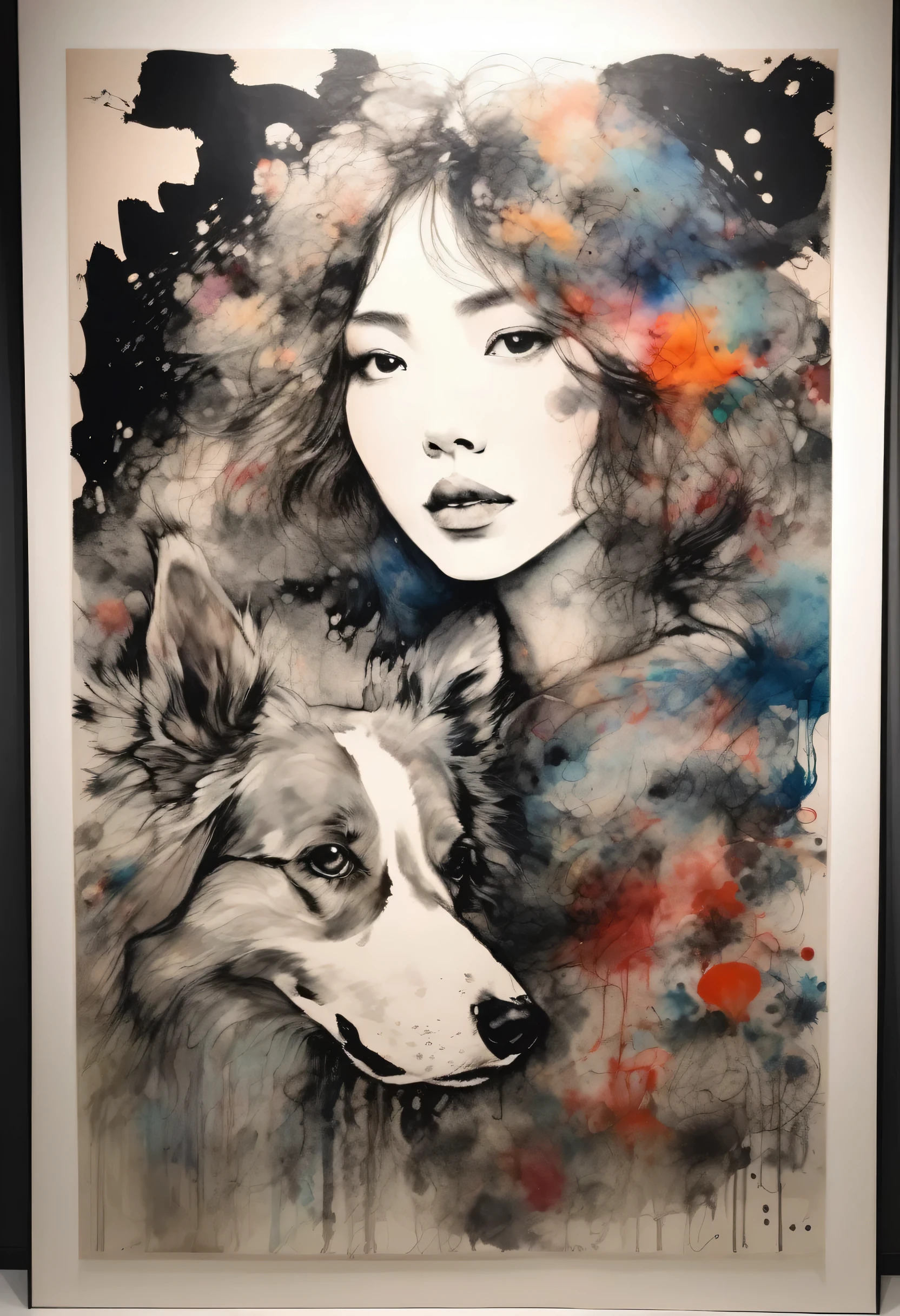 Painting of a beautiful girl holding a dog、Filled with love for dogs、love deep、chaos、(Ink drawing on Japanese paper, Pale painting that bleeds easily)、(Picture book-like contemporary art) ,Dark Side Artistic、Contemporary Art、(Transparent watercolor) (Light itself is reality) (Soft layer,Colorful colors、lots of colors) (shades of paint dissolved thinly with water) (deep, Delicate colors) paint (draw) In black and white:1.4、Masterpiece、Highest quality、