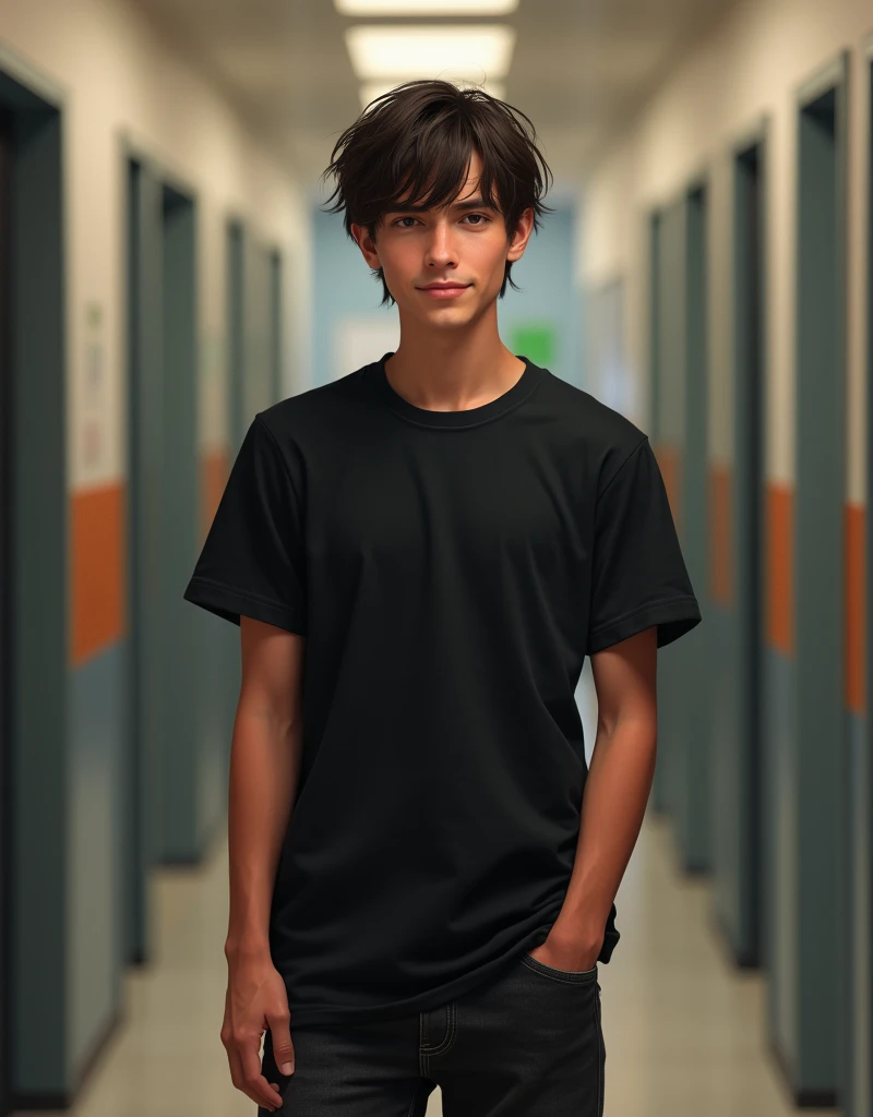 ((best quality)), ((hyper-realistic)), ((masterpiece)), (detailed), (3/4 body visable), (standing), 19-years old male, plain black t-shirt, black jeans, messy long haircut, brown eyes, school hallway, friendly pose, skinny,