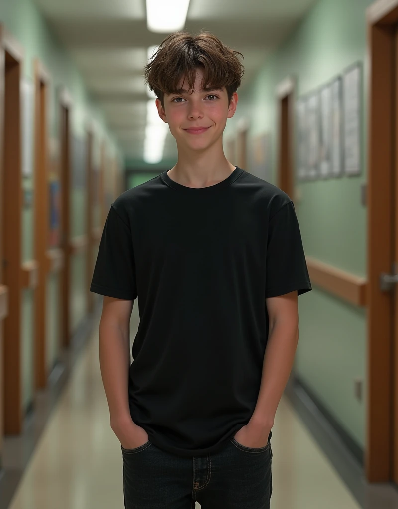 ((best quality)), ((hyper-realistic)), ((masterpiece)), (detailed), (3/4 body visable), (standing), 19-years old male, plain black t-shirt, black jeans, messy long haircut, brown eyes, school hallway, friendly pose, skinny,