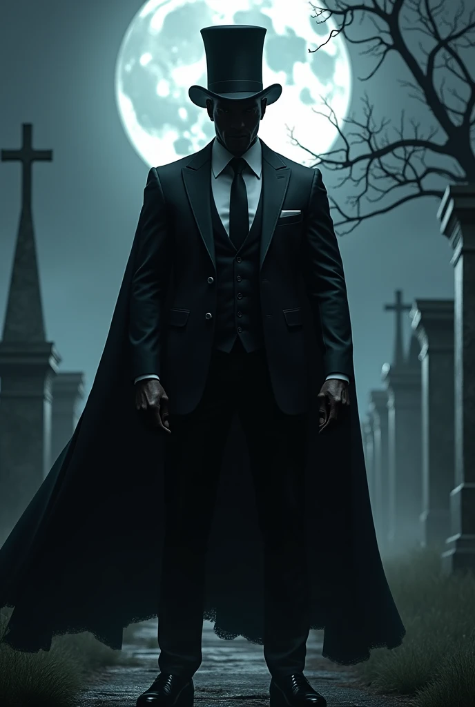 Make a Black Man, muscular and big, wearing a black suit and a black cape, top hats , background of a cemetery at night with a full moon