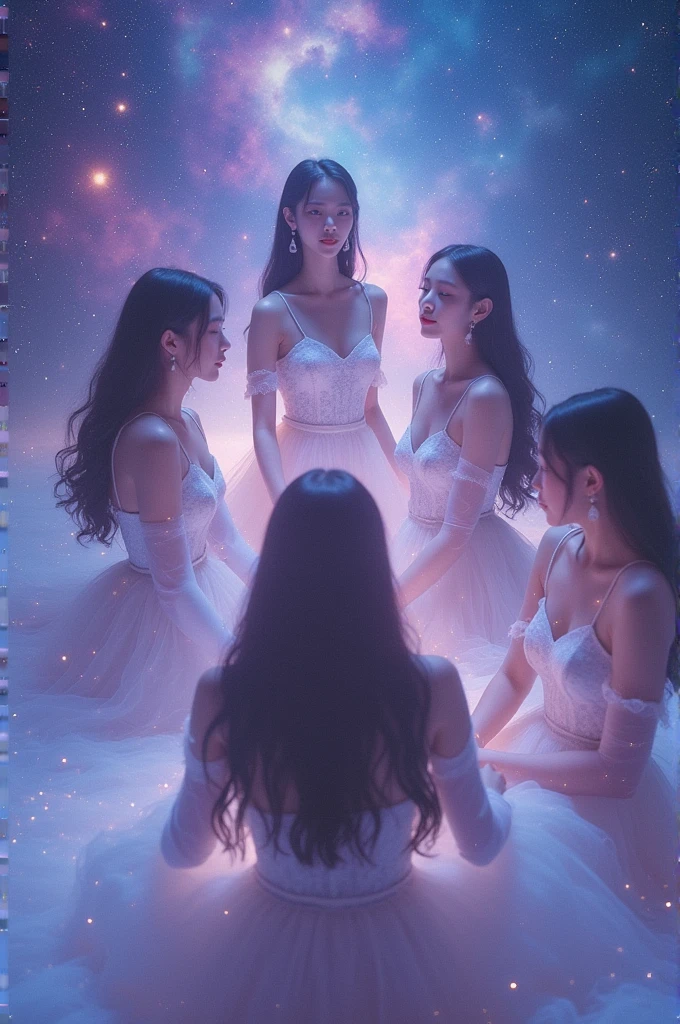 I'm taking photos for a new concept album. Create a girl group concept photo in the style of "Cosmic"