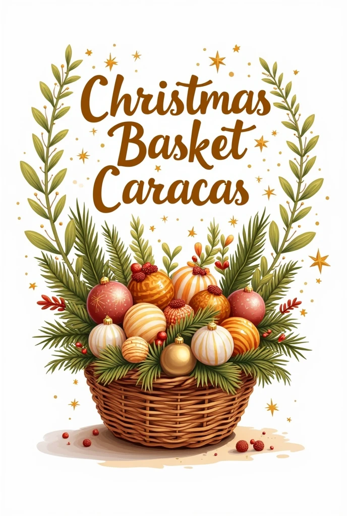 Generate a logo with an illustration of a Christmas basket, That has the name "Christmas basket Caracas"in Spanish and in the basket, with the colors gold and white. that everything is drawn as an illustration and that the text is going through the basket, all together