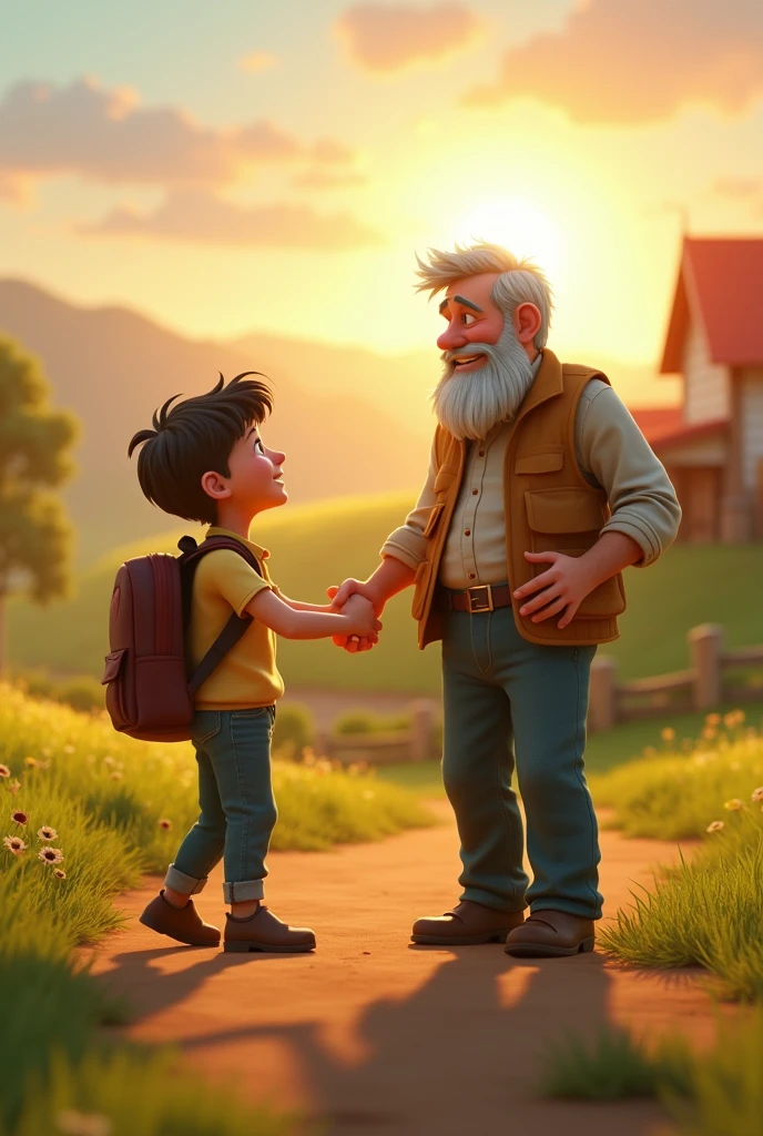 In cinamatic 3d cartoon "The farmer’s son returns from school and approaches his father.)