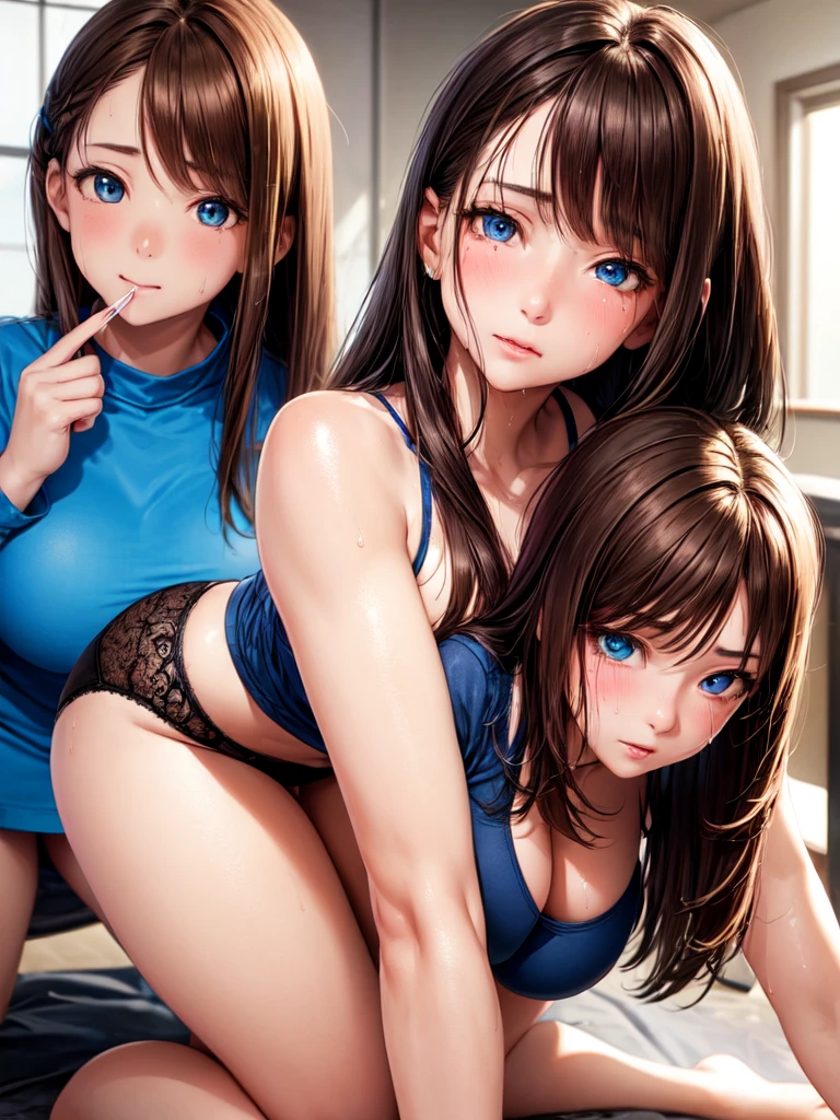 (((High resolution, Highest quality, super high quality, ((Highly detailed face))、Brown hair short cut、(((Group photo of )))(Flat Chest)figure skating leotard、Hairy pussy orgasm masturbation、Absurd、after orgy、blush、Bedside、、Not wearing underwear、Accurate anatomy)))、