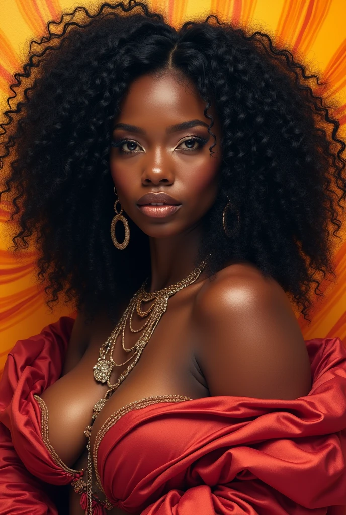 Black woman. Brown skin. Long flowing black hair. Flower styled dress. Smiling. Red glowing eyes. Sitting in an African village styled home. Ultra high quality