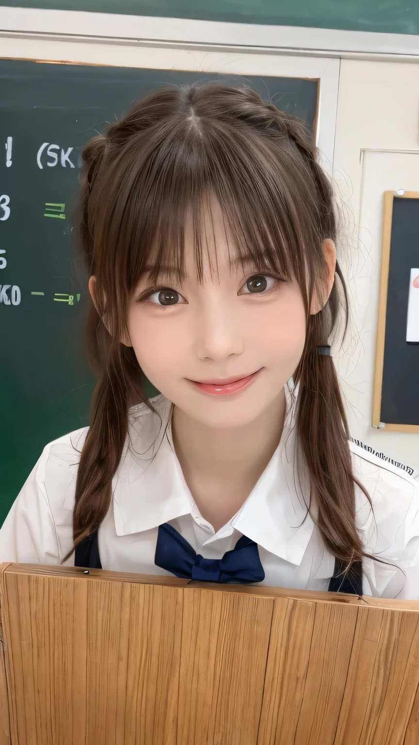 Best image quality (8k, High resolution, masterpiece: 1.2), Very detailed, Random Hairstyles, 2 woman,
Extraordinary beautiful girl、Cute and beautiful face details、(Dealing with the Children_v1:0.008)、
score_9, score_8_upper, score_7_upper,
situation: In the classroom、A teacher enthusiastically teaching his students math problems。There are mathematical formulas written on the blackboard、The teacher has a chalk。
system: The teacher stood in front of the blackboard.、Facing the students。Hold the chalk in one hand、With the other hand he points to the formula。His expression was serious.、There is power in the explanation。
Camera angle: From the front view、The teacher and the blackboard are in the center.、The students can be seen in the background.。
,Active stop temporarily ,
On her side、The thunder danced。
Focus on the upper waist
, Random cute poses ,Big eyes ,Puffy eyes , Heart pupil, blush , Big shy smile , salute