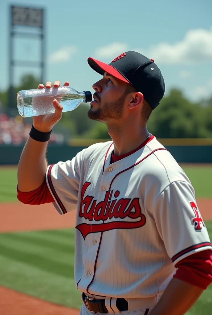 A baseball player is drinking from a plastic water bottle on the sidelines of a baseball field.