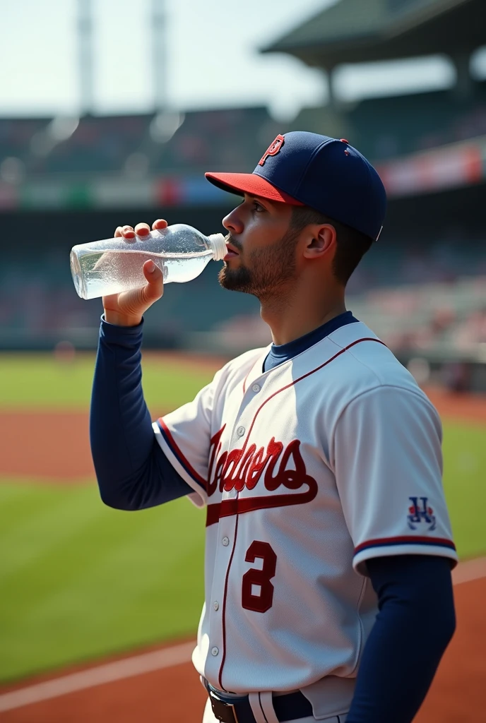 A baseball player is drinking from a plastic water bottle on the sidelines of a baseball field.