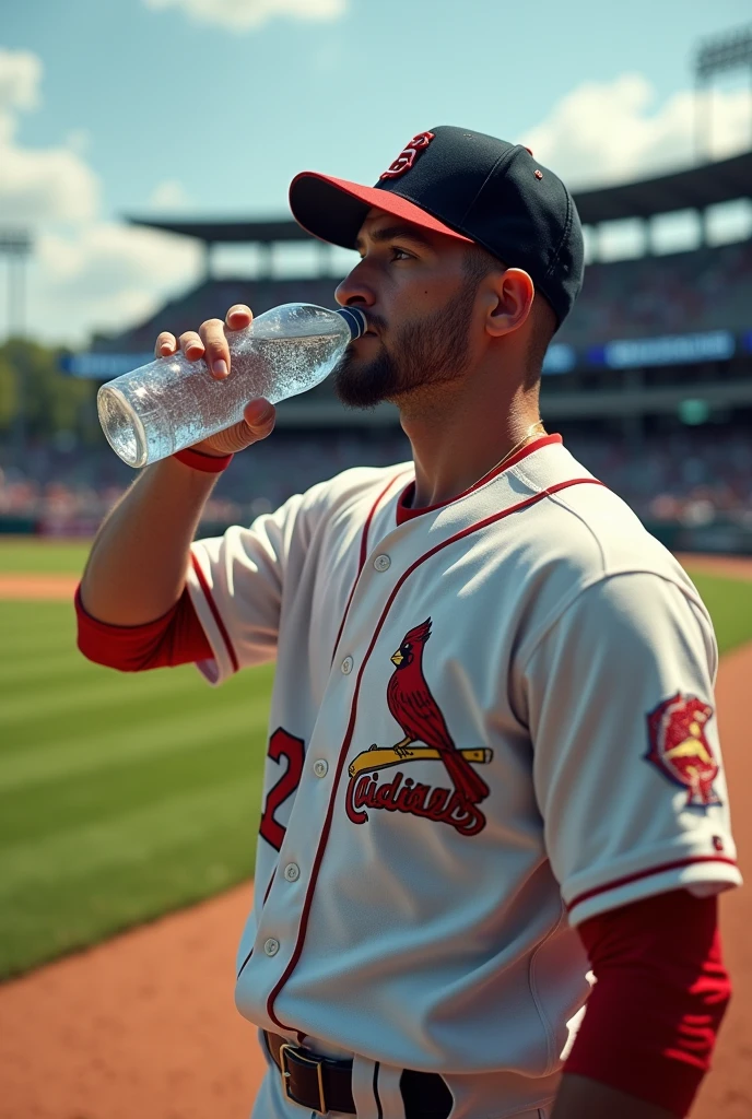 A baseball player is drinking from a plastic water bottle on the sidelines of a baseball field.