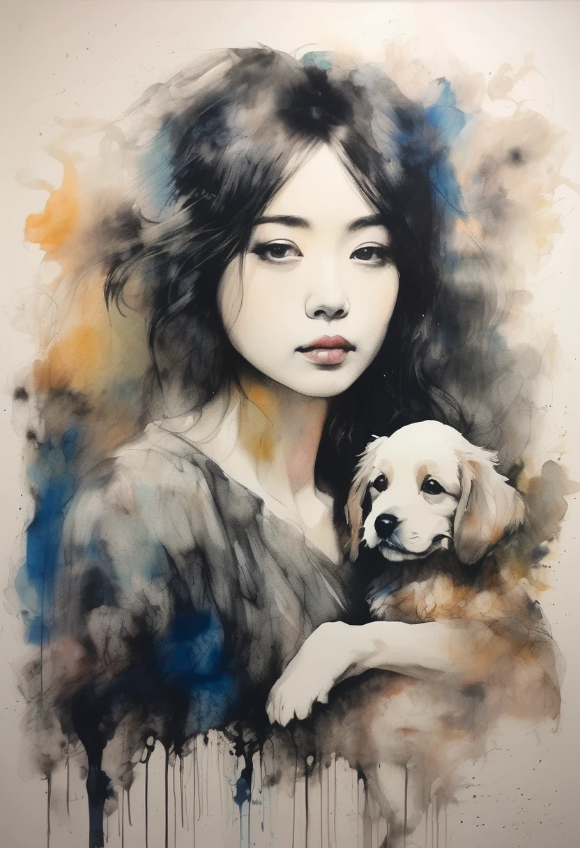 Painting of a beautiful girl holding a dog、Filled with love for dogs、愛情deep、chaos、(Ink drawing on Japanese paper, Pale painting that bleeds easily)、(絵本のようなContemporary Art) ,Dark Side Artistic、Contemporary Art、(Transparent watercolor) (Light itself is reality) (Soft layer,Colorful colors、lots of colors) (shades of paint dissolved thinly with water) (deep, Delicate colors) paint (draw) In black and white:1.4、Masterpiece、Highest quality、