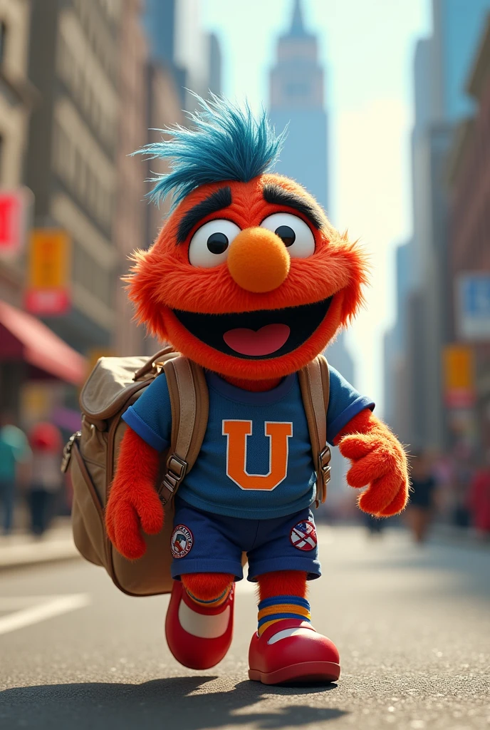 pancho sesame, sesame street character, with a football shirt that has a U shield. Traveling to the United States