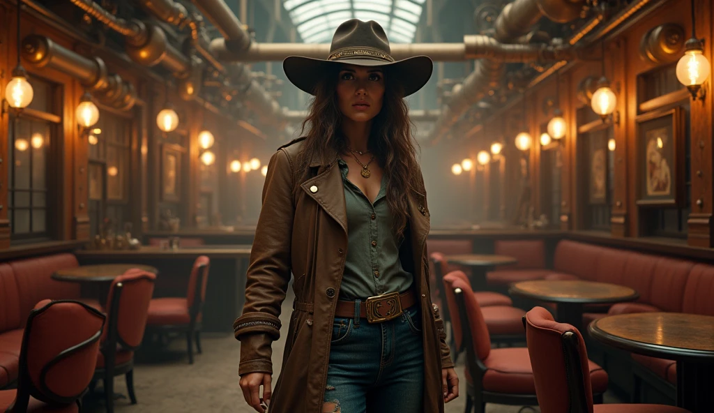 A cowgirl in a Neo-Victorian steampunk saloon, detailed portrait, photorealistic, intricate mechanical gears, brass and copper details, moody lighting, dusty atmosphere, dynamic pose, vivid colors, cinematic composition, (best quality,4k,8k,highres,masterpiece:1.2),ultra-detailed,(realistic,photorealistic,photo-realistic:1.37),cinematic lighting,dramatic shadows
