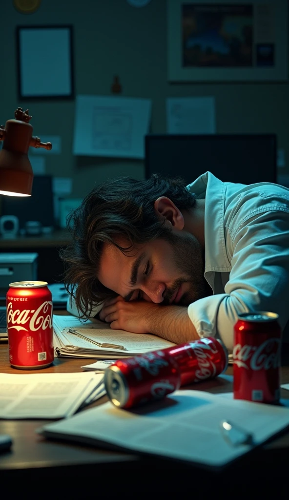 A person sitting at a desk with multiple empty Coca-Cola cans around them, looking tired and sleepy."