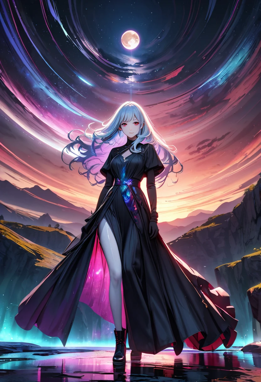 anime Girl with long white hair down to her waist, with small red details, red eyes, long black dress with a leg slit, with red details, long black boots up to below the knees, white skin, the ground around her is cracking and small stones are floating around her surrounded by a black aura, she is surrounded by shadows, and the background is dark like the night with the universe and stars, her presence causes fear, her shadow appears to be a monster, 8k, high quality, full body, (ultra-realistic), {extremely detailed 8k CG unit wallpaper}, expansive landscape photograph, (light: 2.0), (warm light source: 1.5), complex details, (iridescent colors: 1.5), (bright lighting), (atmospheric lighting), surreal, impressive, fantasy, (Solo: 1.2), White moon, (detalles ultra épicos), efecto de muchas aguas, rayos y truenos, caos, naturales, destello, 3D, 8K, fondo de pantalla, dark monster like shadow with big teaths