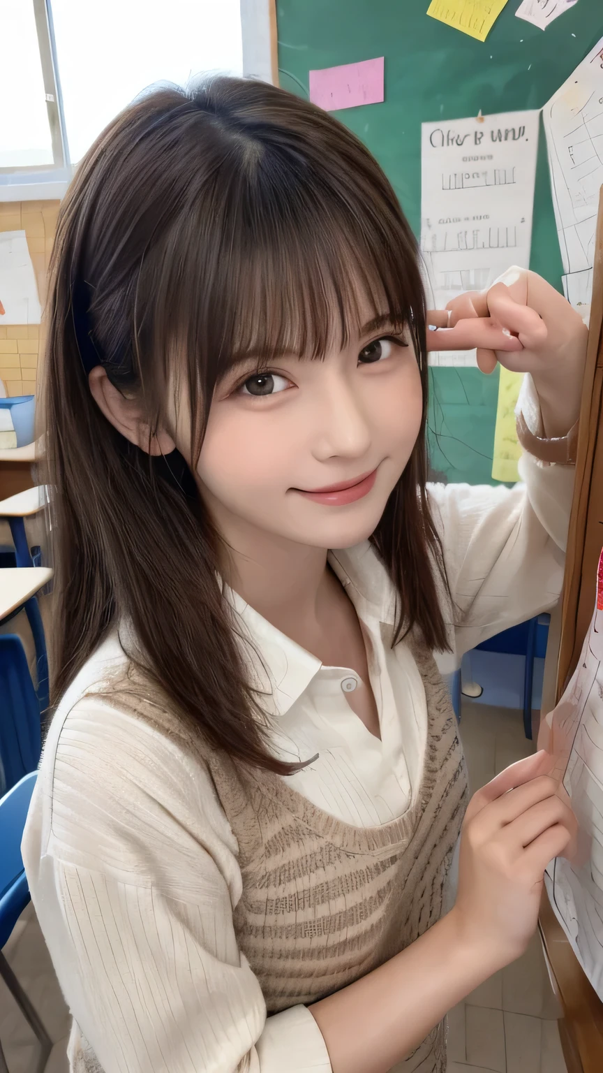 Best image quality (8k, High resolution, masterpiece: 1.2), Very detailed, Random Hairstyles, 2 woman,
Extraordinary beautiful girl、Cute and beautiful face details、(Dealing with the Children_v1:0.008)、
score_9, score_8_upper, score_7_upper,
situation: In the classroom、A teacher enthusiastically teaching his students math problems。There are mathematical formulas written on the blackboard、The teacher has a chalk。
system: The teacher stood in front of the blackboard.、Facing the students。Hold the chalk in one hand、With the other hand he points to the formula。His expression was serious.、There is power in the explanation。
Camera angle: From the front view、The teacher and the blackboard are in the center.、The students can be seen in the background.。
,Active stop temporarily ,
On her side、The thunder danced。
Focus on the upper waist
, Random cute poses ,Big eyes ,Puffy eyes , Heart pupil, blush , Big shy smile , salute