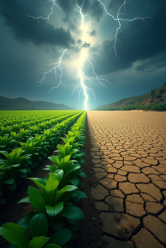 An image with a beautiful soybean plantation and on the other side a dry and arid land struck by lightning