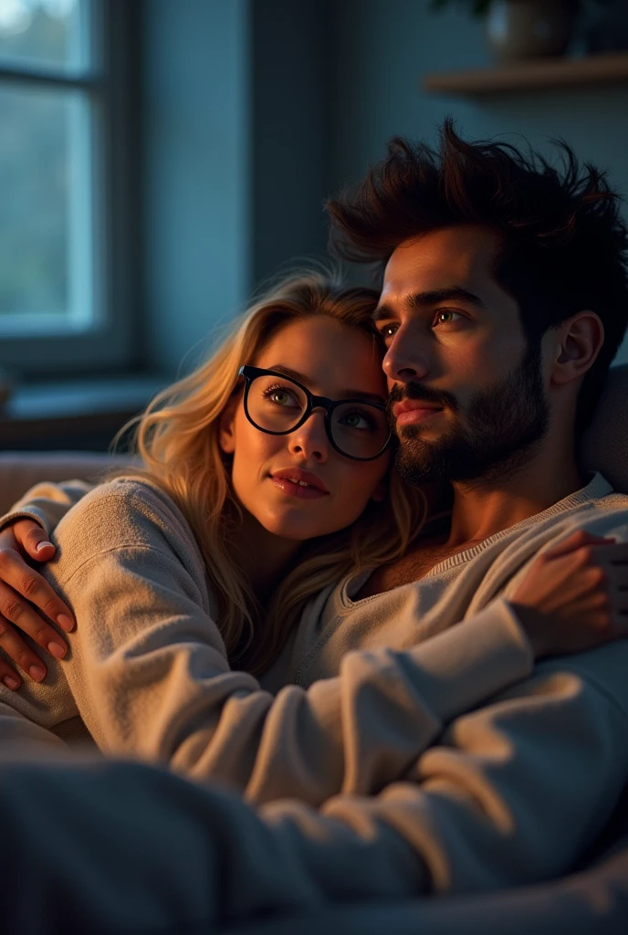 create image in human realisms vx style of a couple in love watching a movie hugging and cuddling, she blonde hair black glasses green eyes in pajamas, he dark hair messy black black beard