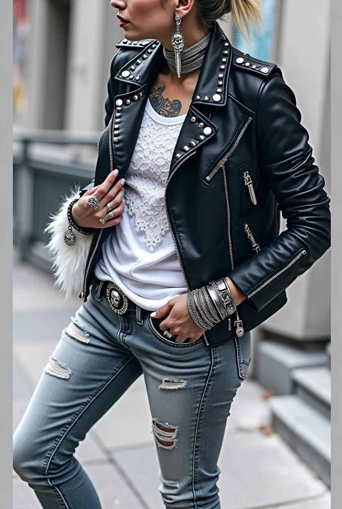 russian old milf woman, blonde hair (top bun), with very light blue eyes, extremely pale. Wearing studded cropped black moto jacket (with lots of side zippers and pins), black and white lace push up bra , dark skinny blue jeans and pointy silver Chelsea boots with cuban heels . Lots of thick wide studded bracelets, chain collars and big rings. Tacky wide studded leather belt with big skull and bones round buckle. Long earrings with feathers. Standing up, humble facial expression. Hands touching her neck in a shy way, showing off bracelets and rings. Chains around belt.. Listening in amazement to somebody speaking to her, toned six pack abdominals, thin neck, slim legs and thin arms. Narrow hips. Pierced belly button Tattoed heavily. Graffitied brick wallin Bronx