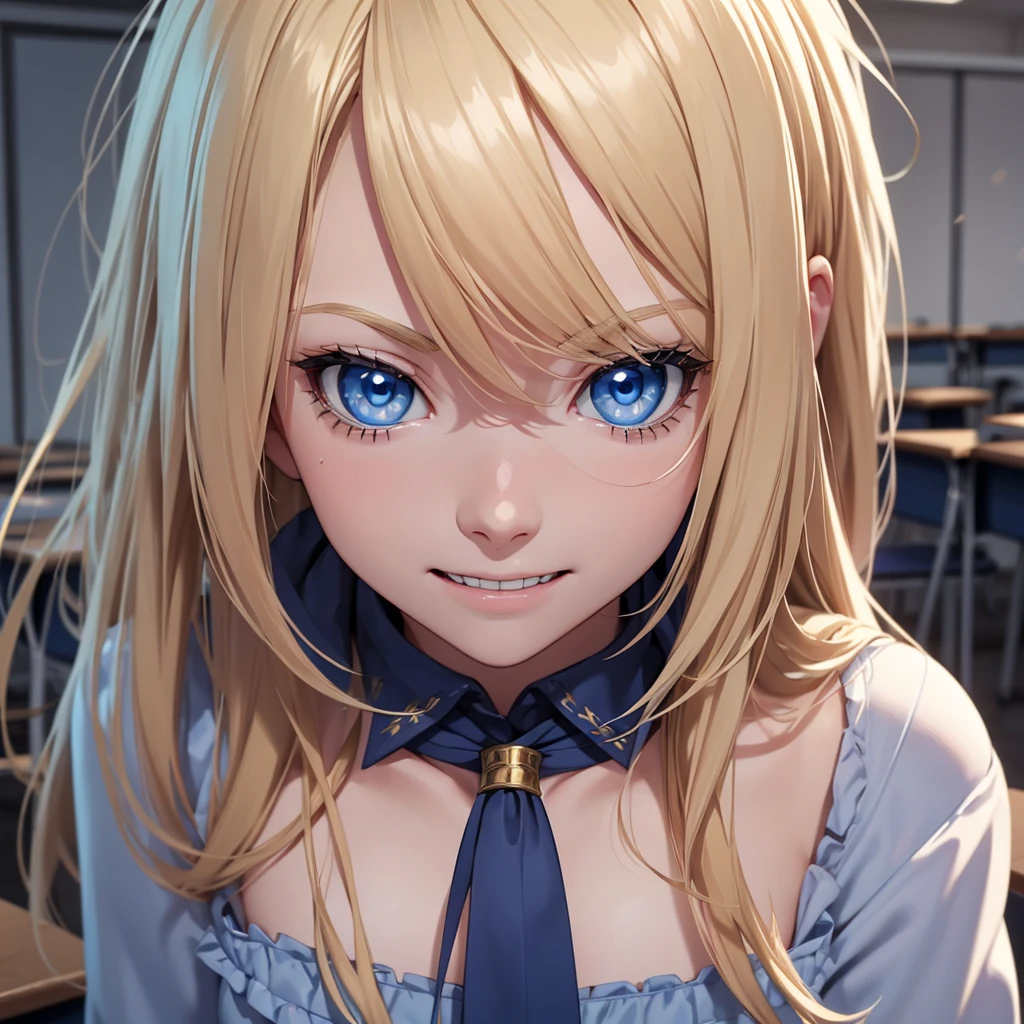a beautiful blonde-haired blue-eyed college girl, terrifying expression with wide smile and small pupils, in a classroom setting, detailed facial features, hyper realistic, cinematic lighting, 8k, photorealistic