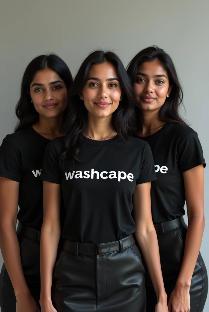 Create a image of a 3 indian girls wearing a corporate tshirt on which WASHCAPE is written and wearing tight skirt below. Tshirt should be black and text should be white 