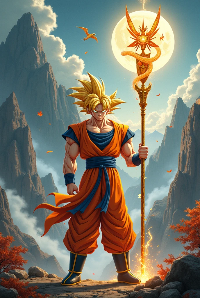 雄大なMountain々Goku is placed in the center against a background of, Goku is a muscular, golden figure., Wears vibrant, detailed battle armor, A sharp gaze symbolizing a challenge to the distant future, Thunderclouds cover the sky, signaling a powerful storm, Goku's staff glows with energy and emits light., Mountain々A mysterious dragon is wrapped around it., The universe senses the power of the raging waves that shake the heavens and the earth., A fusion of classic Chinese mythology and futuristic design, A pale full moon floats in the background, illuminating the night sky., The autumn leaves dancing around Goku represent freedom and nobility., Firm and firm as a stone statue, Emphasizing the contrast between fantasy and epic throughout