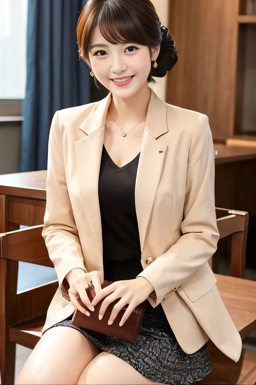 Beautiful Japanese Woman、Beautiful mature woman、上品なsexlyさ、sexly、blazer、cotton tight skirt、smile、Round face、updo、Thighs、
