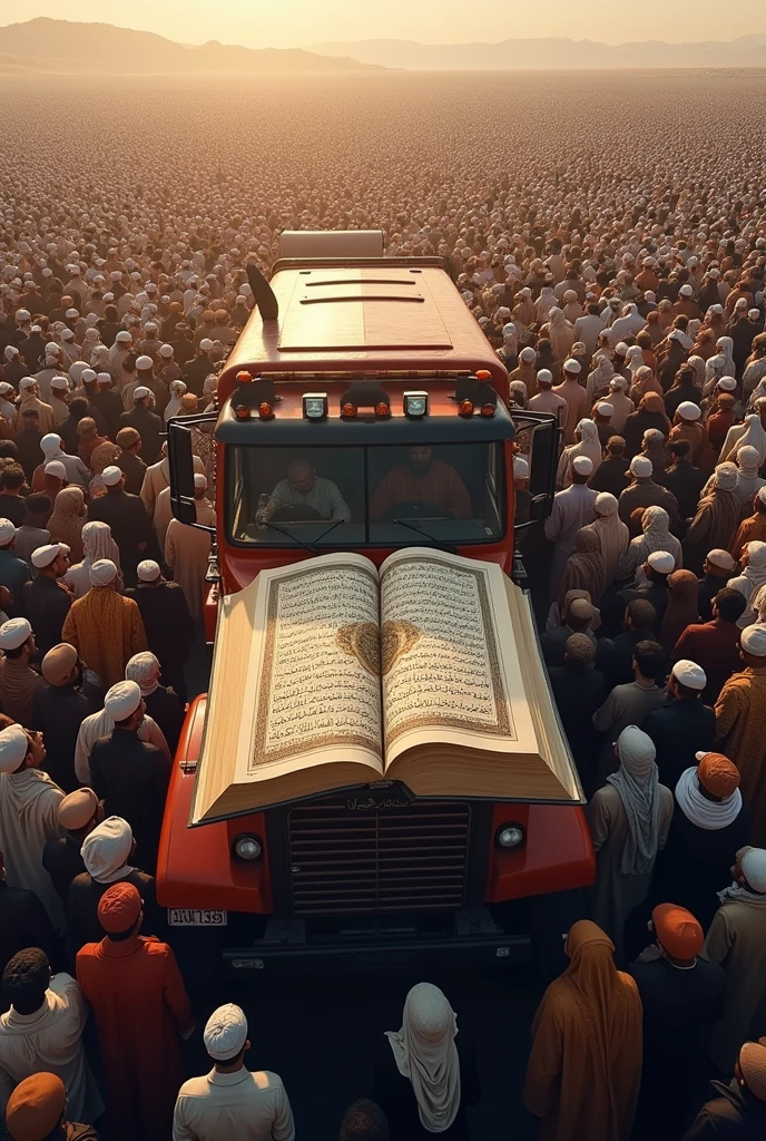 Need a photo in which Quran is placed on a truck and millions of Muslims are watching