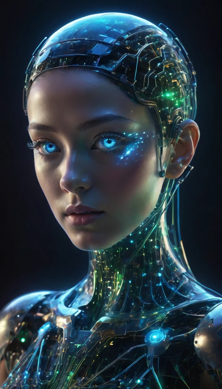 A visual representation of artificial intelligence (AI). The image shows a futuristic humanoid figure with cybernetic and technological elements integrated into its design. The background is a latticework of glowing neural networks and complex circuits, symbolizing the vast data processing capacity. The humanoid figure is composed of metallic and crystalline materials, with lines of blue and green light running through its body, suggesting connections and flow of information. His eyes shine with an intense light, indicating his advanced intelligence. The atmosphere is modern and technological, with a predominantly cold color palette and luminous details that convey a sense of innovation and the future., UHD, retina, masterpiece, accurate, anatomically correct, textured skin, super detail, award winning, 16k