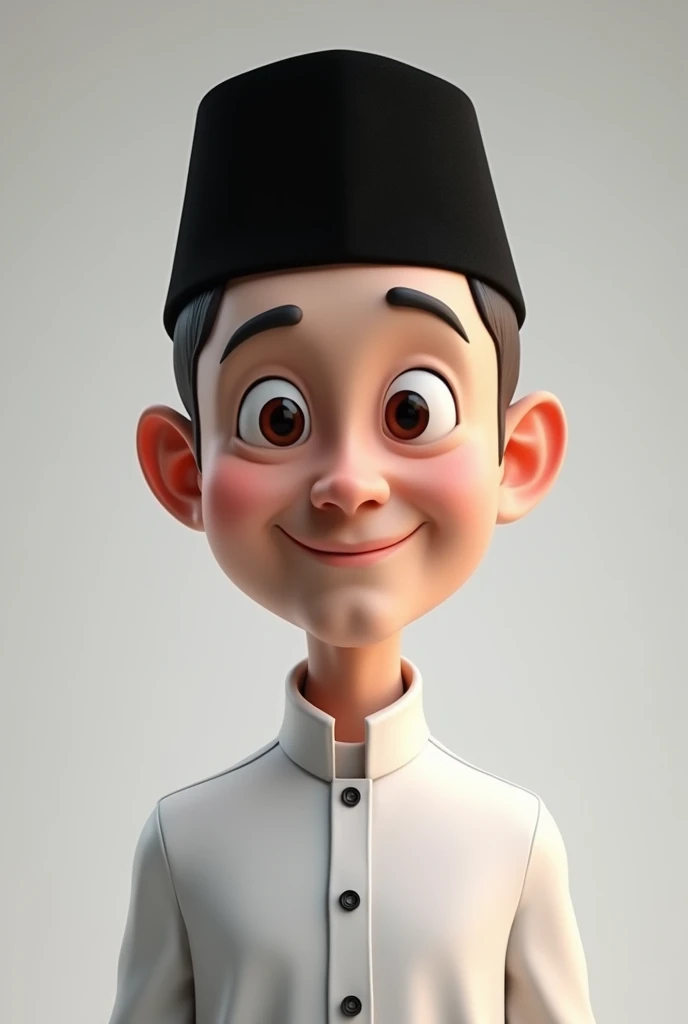 Realistic 3d caricature. A 20 year old Indonesian man. tall, thin body, oval face shape. oval chin, handsome, narrow eyes, white skin, faint smile. wearing a black Muslim pecis. wearing a plain white jacket. Body position is clearly visible. Simple background. Use soft photography lighting with hair lights, edge lights, and top lights. Photos with very high detail.