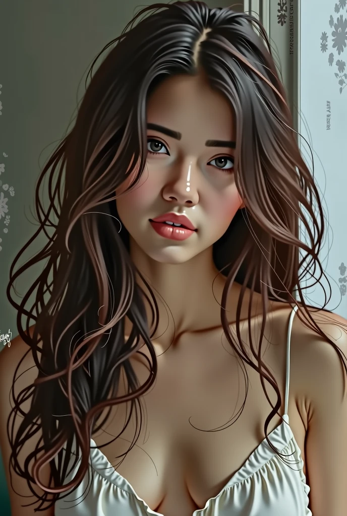 Lovely, lonely housewife, who longs for love. Her longing gaze and playful charm embody a world of unspoken desires.length hair, open mouth, Brown hair, blue eyes, tongue out, 