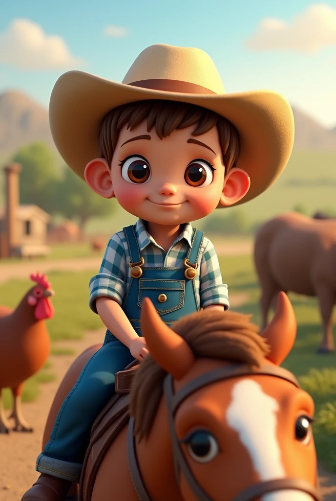 A baby ,Scrawny, smiling slightly light brown hair, brown dark eyes, light cowboy hat, working with, horses, chickens, cows, in the farm, blue and white plaid shirt denim overalls, mounted horse 3d hd image