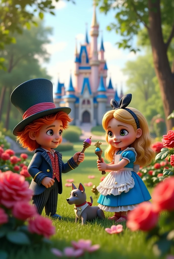 A very green garden with red and white roses with reference to Alice in Wonderland, with Cinderella&#39;s castle behind. 
in front, two children sitting dressed as the mad hatter and alice. The one playing with a toy stith and the one playing with the toy cruela. ao redor, have several disney character toys 


