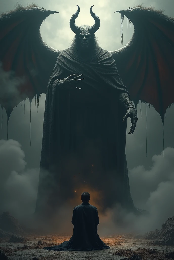 Man kneeling in front of Satan