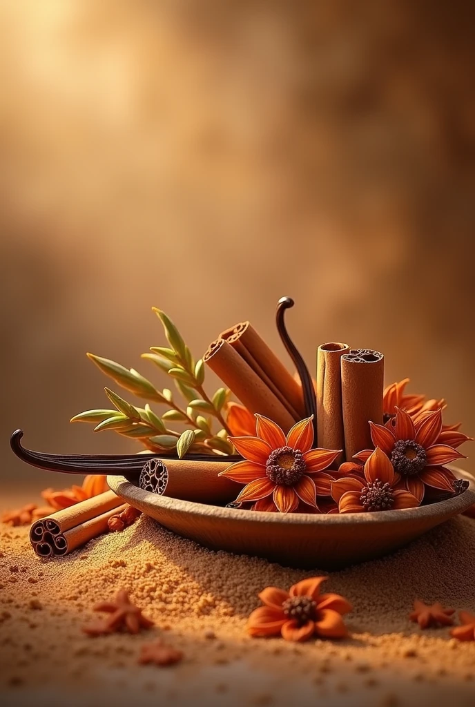 cinnamon essential oil, spices, vanilla and cinnamon in the air tonka bean with sand, in a spice environment, with meta vanilla flowers and also vanilla and spices.