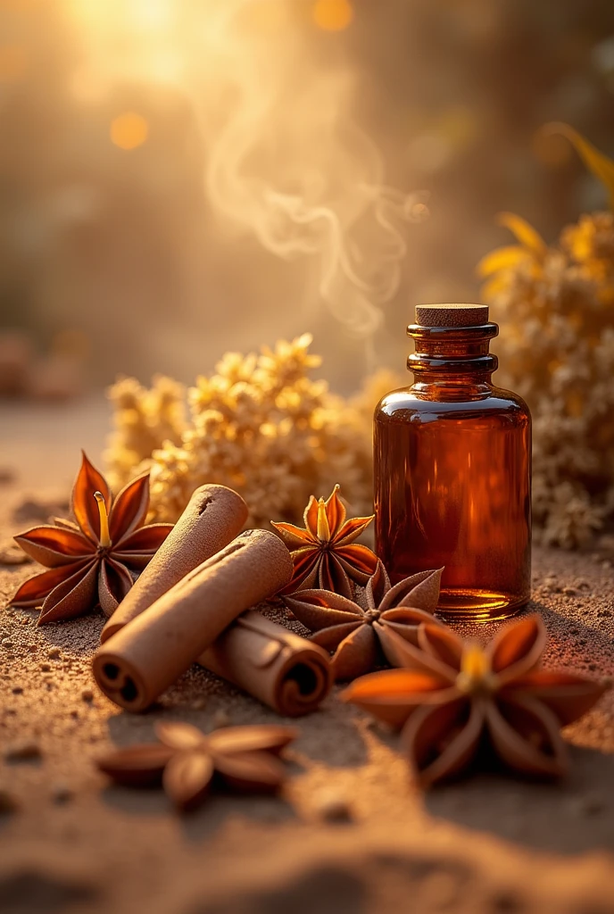 cinnamon essential oil, spices, vanilla and cinnamon in the air tonka bean with sand, in a spice environment, with meta vanilla flowers and also vanilla and spices.