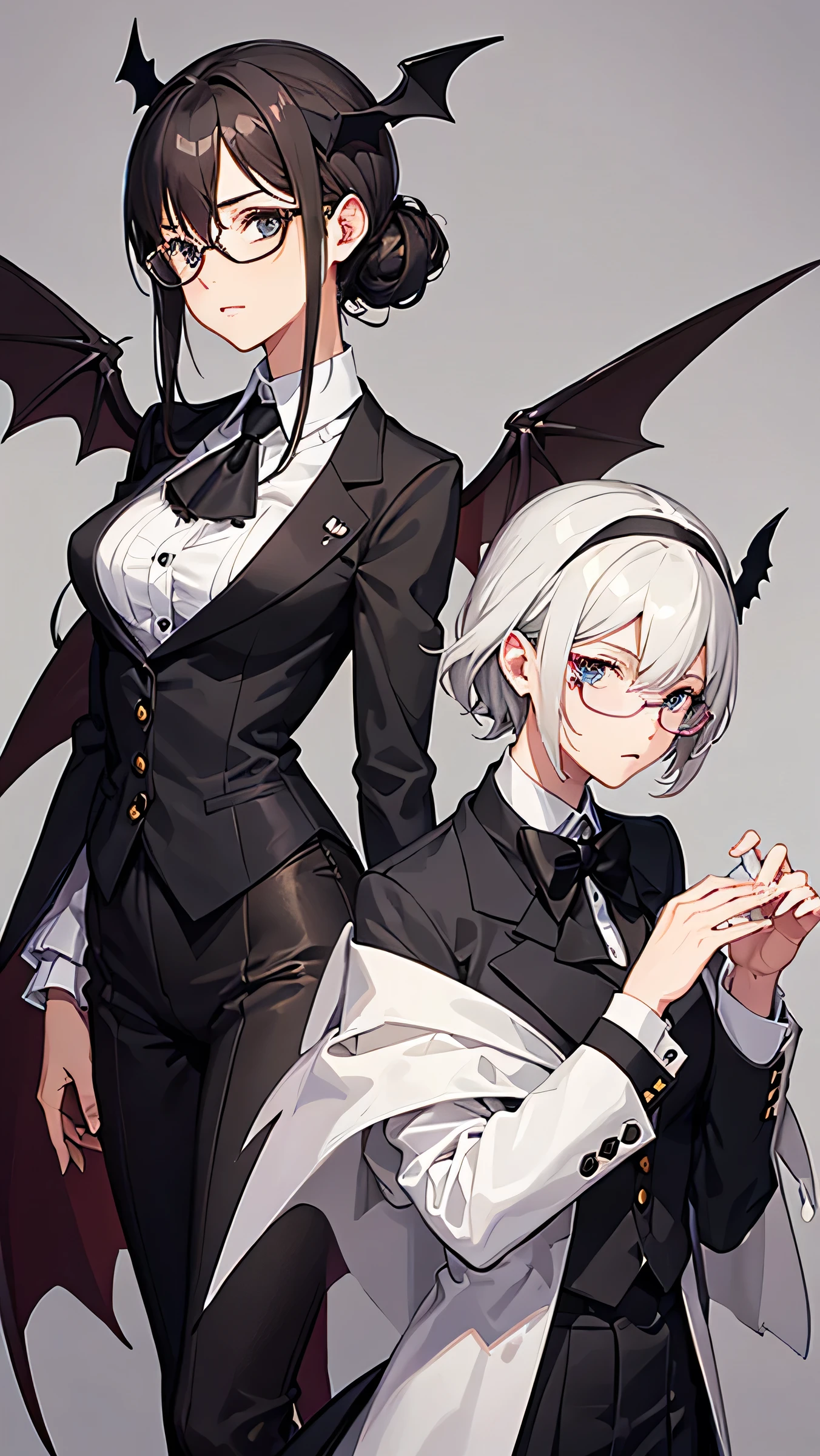 (((High quality))), butler, female, tailcoat, ((two bat wings growing from the back)), wearing glasses, intelligent, firm buttocks,