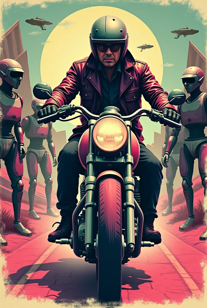 "A retro 1940s shopper motorcycle t-shirt design with rider riding in a futuristic landscape with robots watching the action. The design uses neon colors like pink and green, with a grid background and a worn texture."