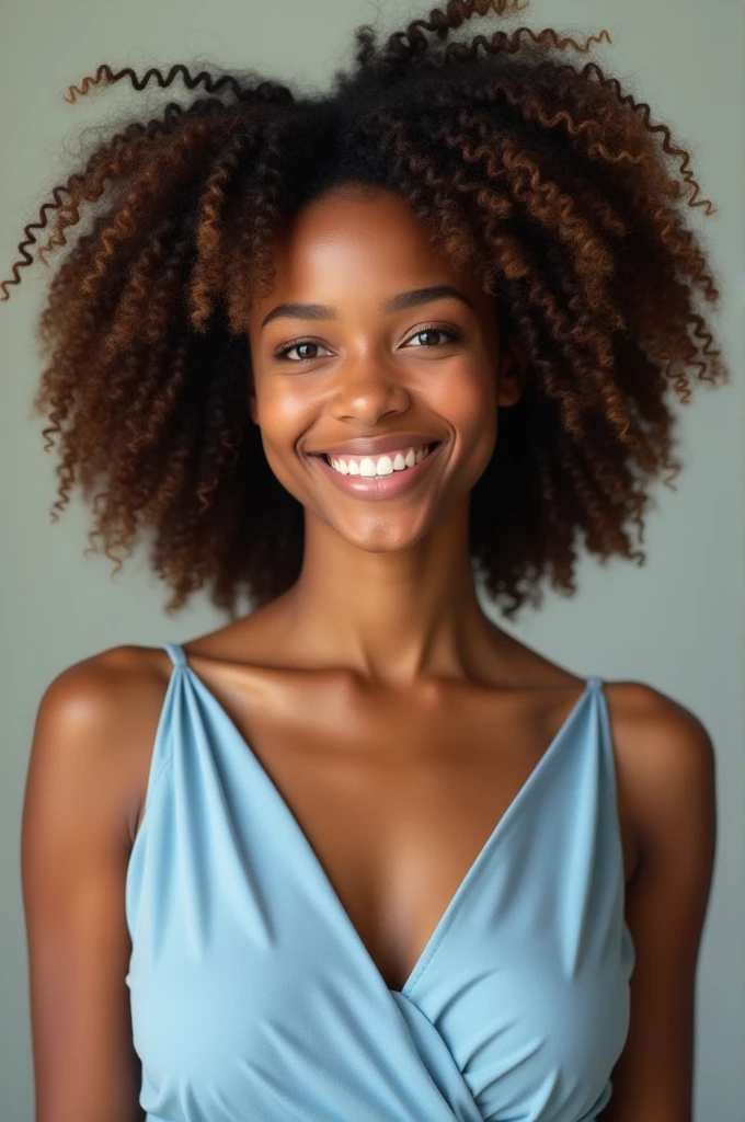 A black woman, cheerful brown curly haired, wearing a light blue dress