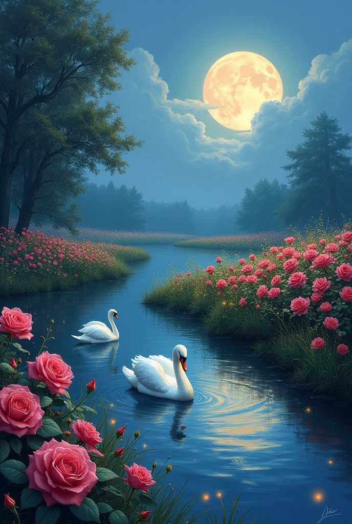 An art style painting of a field of roses at night with a beautiful lake with swans swimming and there must be fireflies flying around