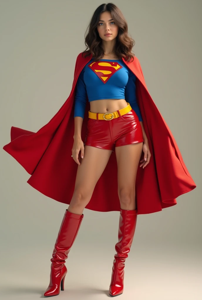 A SEXY BUSTY bruntette  TEEN FEMALE WITH BLUE EYES WEARING A 1970 SPLIT OPEN V BUTTONLESS FULL LENGTH BLUE V BLOUSE WITH A "S" EMBLEM ON THE RIGHT SIDE OF HER CHEST, A PAIR OF RED LEATHER SHORTS WITH A YELLOW LEATHER BELT, TALL RED HEELED BOOTS, AND A LONG FLOWING RED CAPE. PHOTO REALISTIC, HYPER DETAILED AND TEXTURED.
