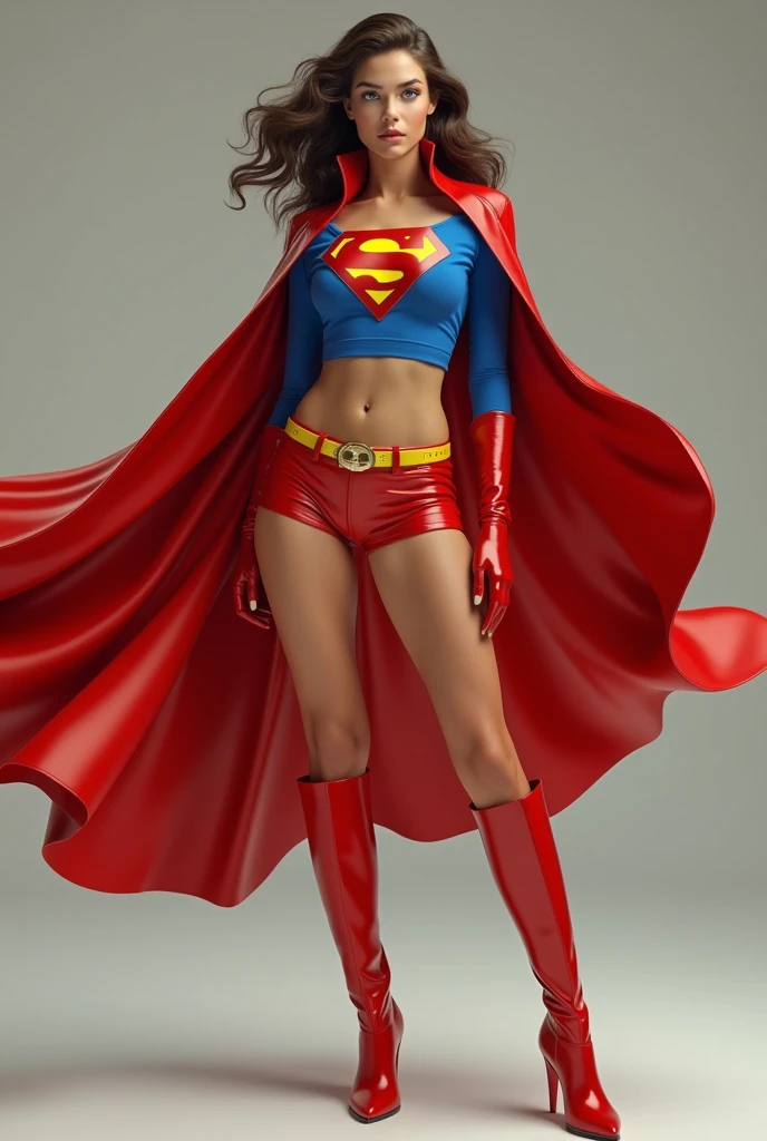 A SEXY BUSTY bruntette  TEEN FEMALE WITH BLUE EYES WEARING A 1970 SPLIT OPEN V BUTTONLESS FULL LENGTH BLUE V BLOUSE WITH A "S" EMBLEM ON THE RIGHT SIDE OF HER CHEST, A PAIR OF RED LEATHER SHORTS WITH A YELLOW LEATHER BELT, TALL RED HEELED BOOTS, AND A LONG FLOWING RED CAPE. PHOTO REALISTIC, HYPER DETAILED AND TEXTURED.