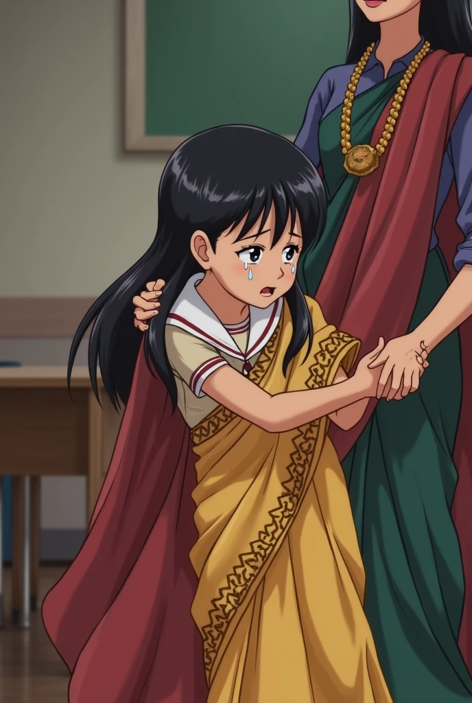 2

A first class girl.
It's her first day of school.
Crying a lot off because I want to go home.
Her left hand is held by the madam as she fast runs out of the classroom.
With her right hand she held the lines of madam's saree cartoon character full of class
