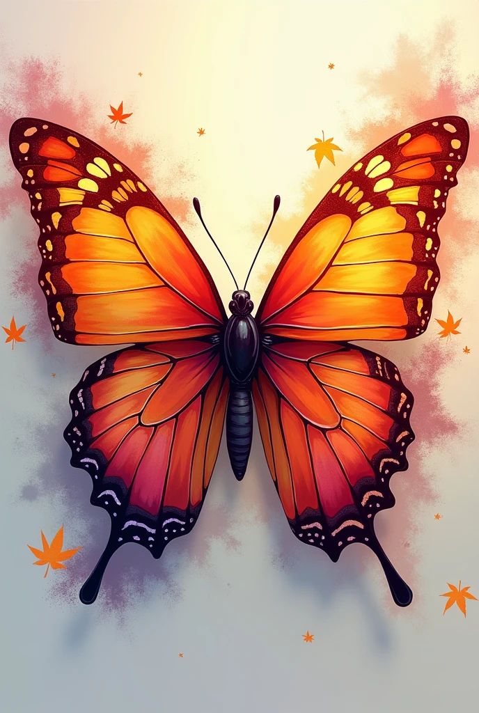 a MAPLE BUTTERFLY, with explosion of colors in the background TEXT PSIU PRODUÇOES line art for LOGO