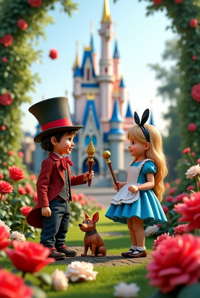 A very green garden with red and white roses with reference to Alice in Wonderland, with Cinderella&#39;s castle behind. 
in front, two children sitting dressed as the mad hatter and alice. The one playing with a toy stith and the one playing with the toy cruela. ao redor, have several disney character toys 


