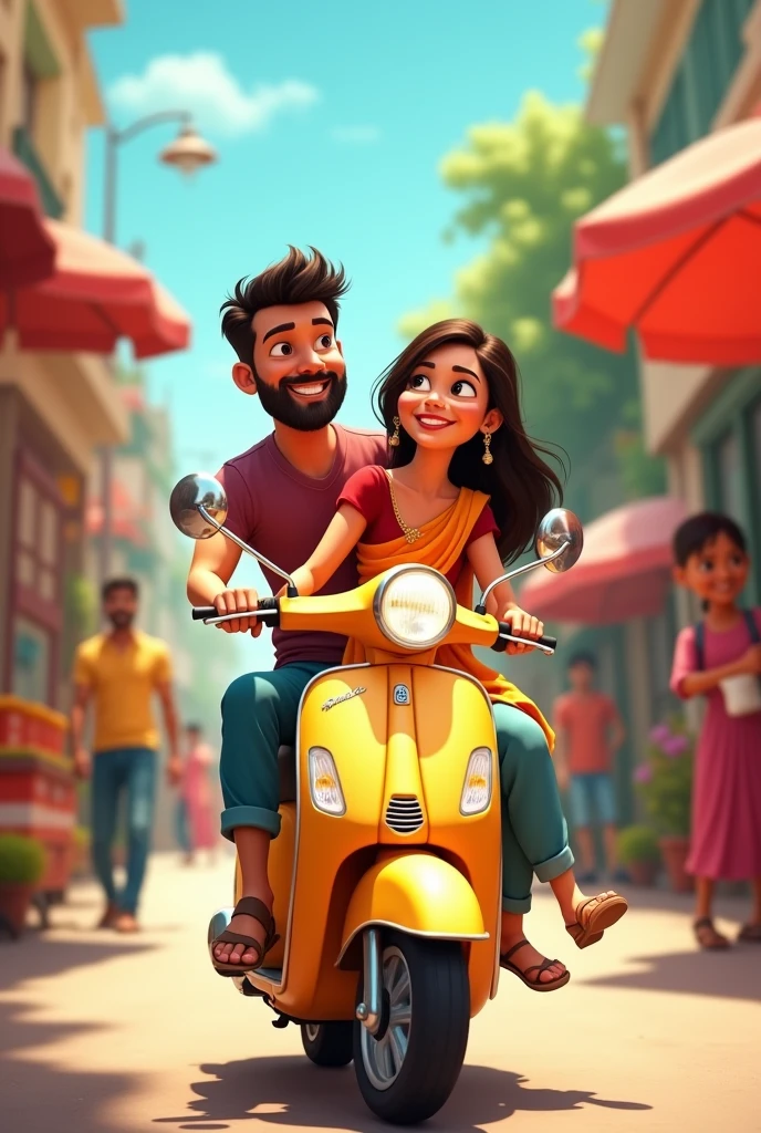Husband and wife going to eat panipuri on scooter in animated cartoons