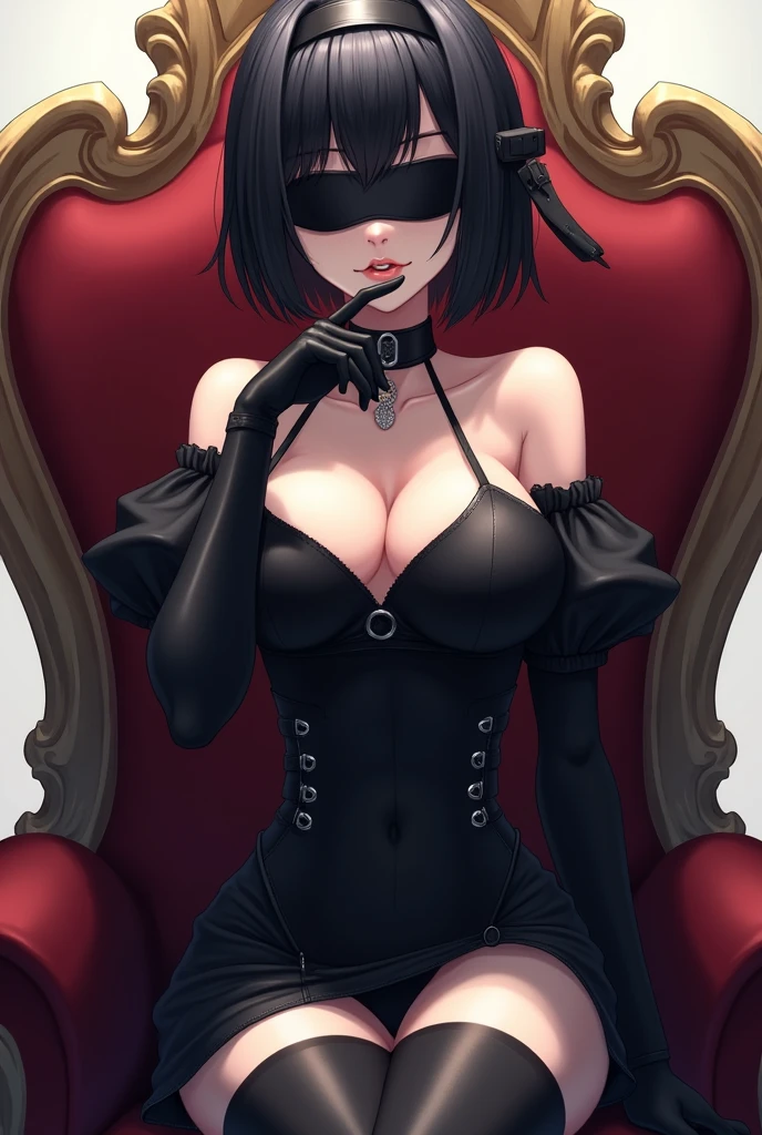 2b, long_sleeves, gloves, dress, ,black_gloves, puffy_sls, black_thighhighs, mole, black_dress, clothing_cutout, cleavage_cutck_hairband, juliet_sleeves, mole_under_mouth, blindfold, vambracesered_eyes, black_blindfold,anime,short_haione,