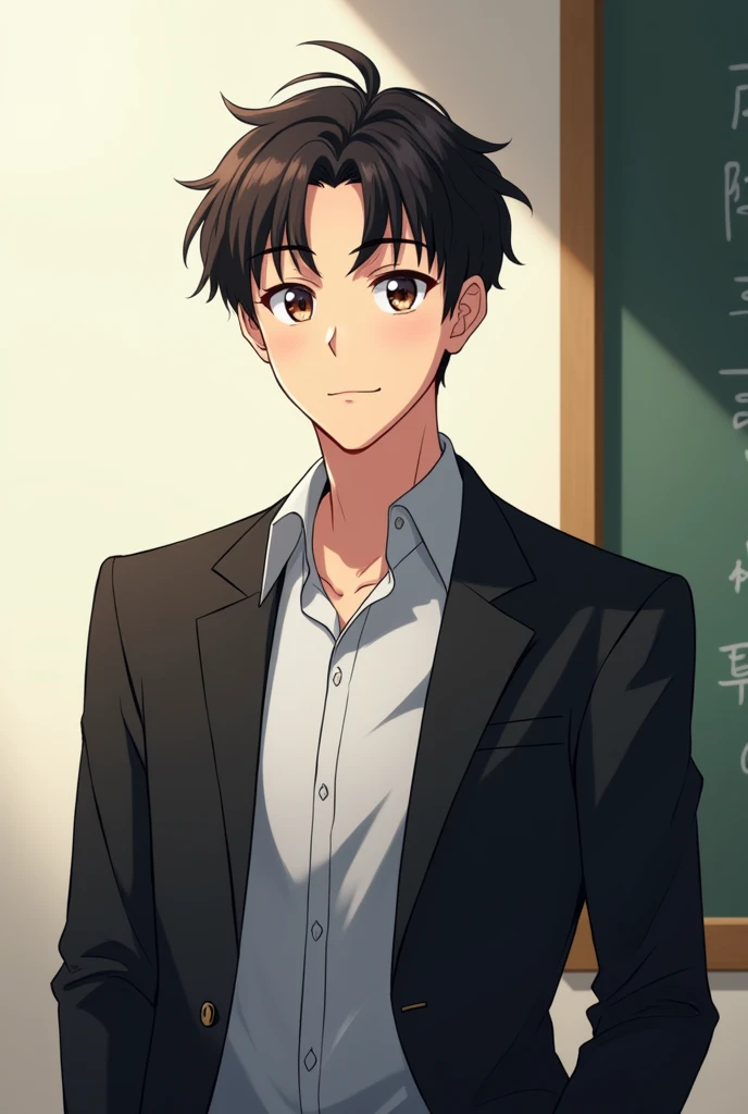 Anime Young Boy,26year old,teacher,without sunglass, handsome, look at in fonts,,wear a black blazer
