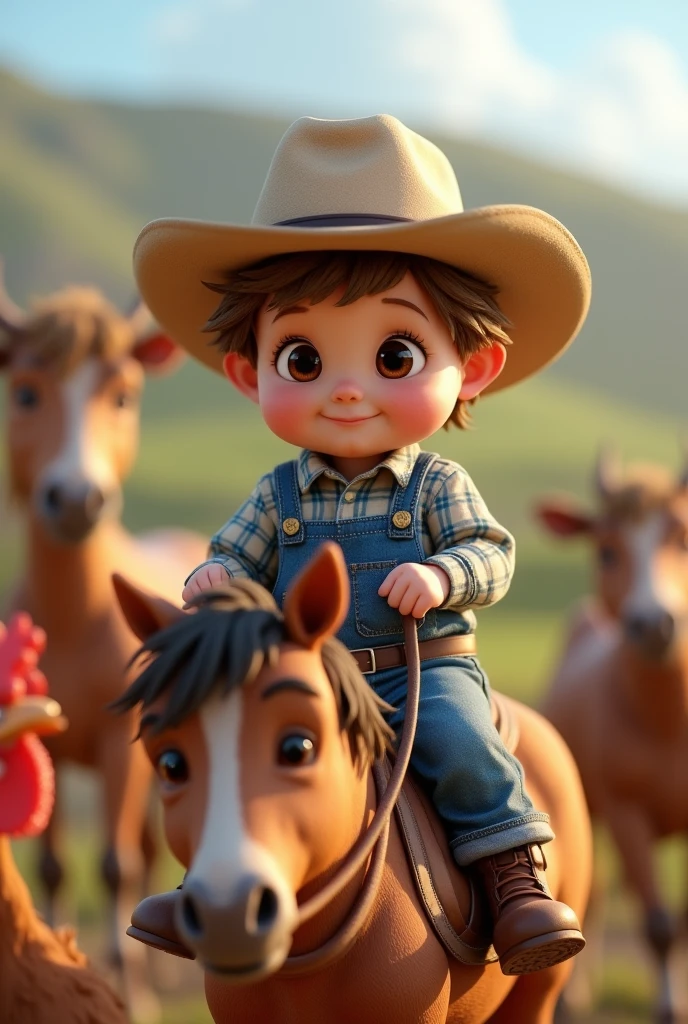 A baby ,Scrawny, smiling slightly light brown hair, brown dark eyes, light cowboy hat, working with, horses, chickens, cows, in the farm, blue and white plaid shirt denim overalls, mounted horse 3d hd image
