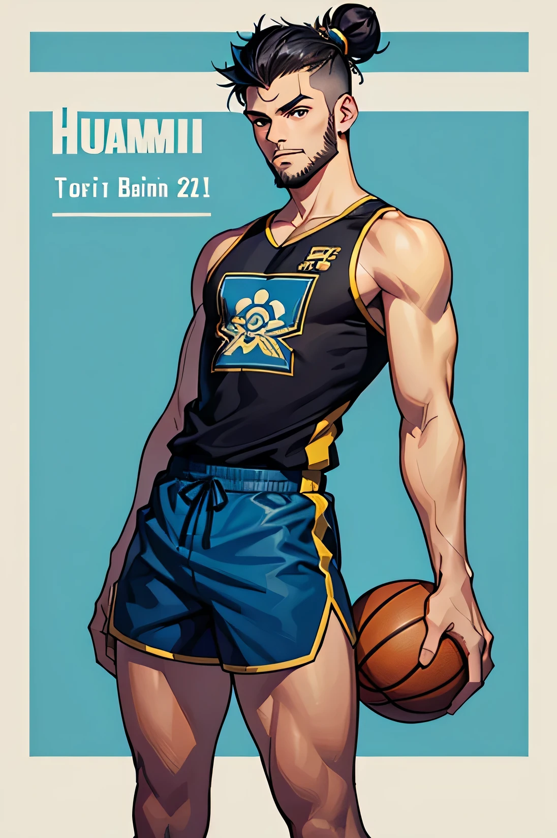 2 boy, twink, handsome, his skin is light tropical Latin, his hair is in a samurai bun with the sides in high fade, he has a small beard, he wears blue and black basketball clothes, his shorts are small (short), we can see the image in full showing him in full body, the background is solid black.