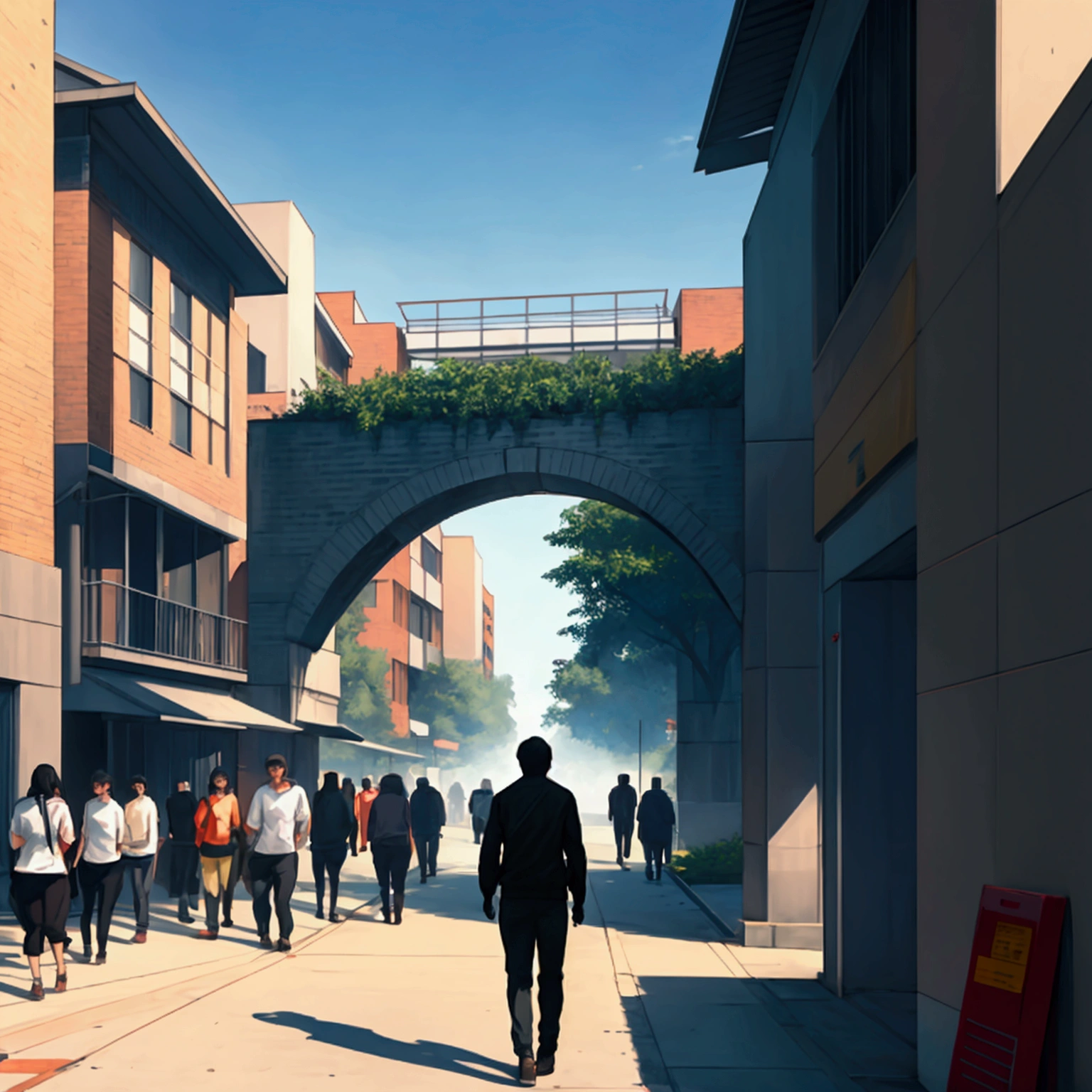 A solitary figure, barely visible, blending into the bustling college campus. The character appears lost in thought, surrounded by the energetic crowd.